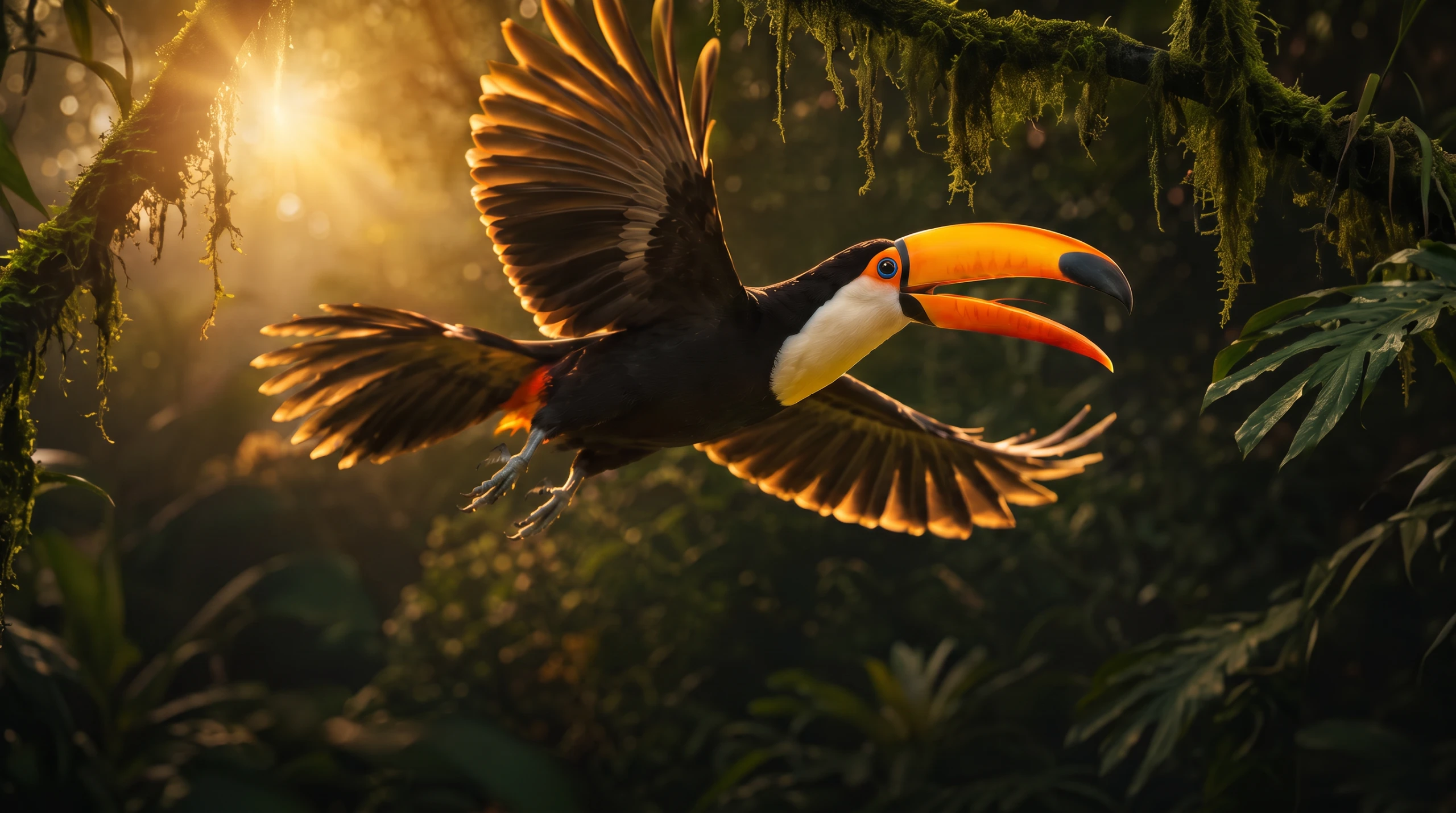 Tucano em voo na floresta