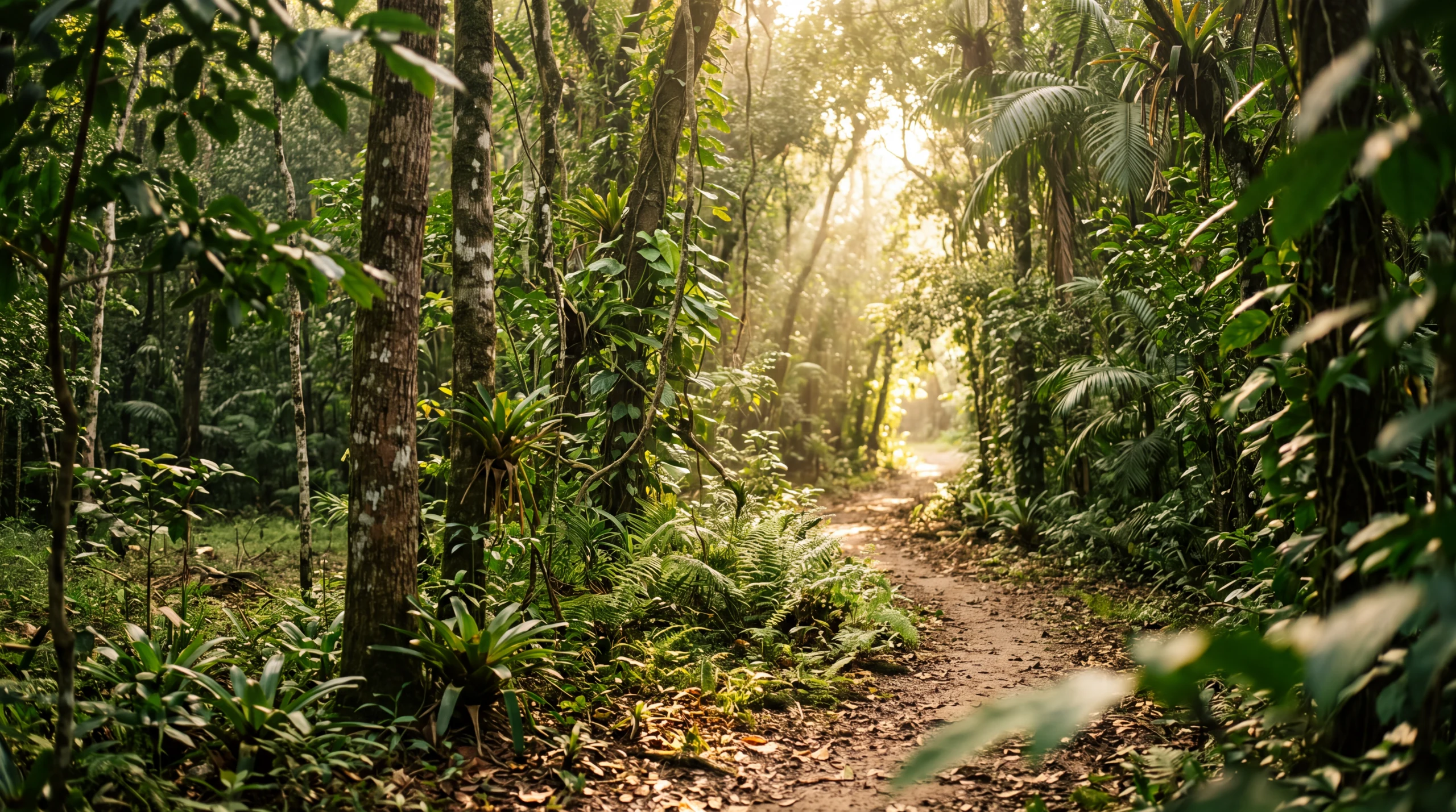 Trilha na floresta com luz do sol